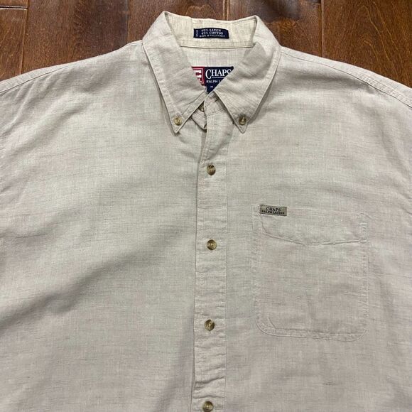 Chaps Ralph Lauren Vintage 90s Casual Linen Blend Beige Button Down Shirt Medium - Picture 2 of 9